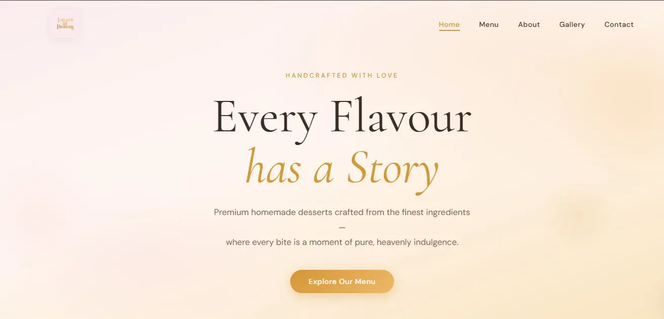 Layers of Heaven bakery website, featuring its warm color palette and editorial layout